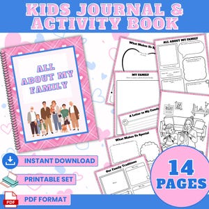 Libro de actividades y diario creativo para niños "Todo sobre mi familia", hojas de trabajo imprimibles para la educación en casa, aprendizaje infantil, páginas para colorear, 14 páginas