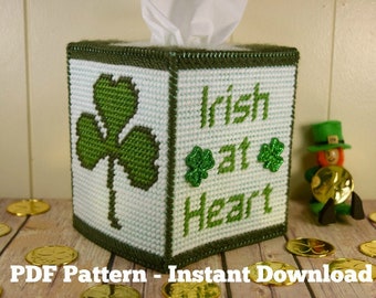 Irish at Heart Tissue Box Cover Plastic Canvas Pattern- St Patricks Day Plastic Canvas Tissue Box Pattern ~ Instant PDF Download