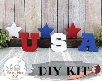 4th of July Tiered tray DIY Wood Craft Kit, Patriotic tray decor, Unfinished Wood USA decorations, 4th of July Wooden Shelf Sitter Mantle