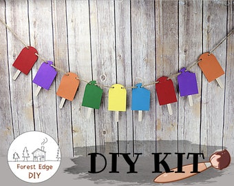 DIY Popsicle Banner, Unfinished Wood Craft Kit for Summer, Ready to Paint Banner Kit,  Popsicle Birthday Decoration, Popsicle Decor Party