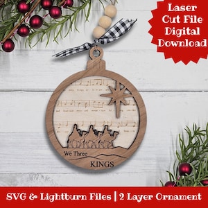 Weihnachten Notenblatt Ornament, wir drei Könige SVG Laser geschnitten Dateien, Weihnachtslieder Lieder, kommerzielle Nutzung Datei, Glowforge, Lightburn
