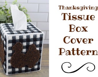 Buffalo Plaid Thanksgiving Tissue Box Cover Plastic Canvas Pattern ~ Rustic Turkey Decor ~ Instant PDF Download ~ Farmhouse Crafts