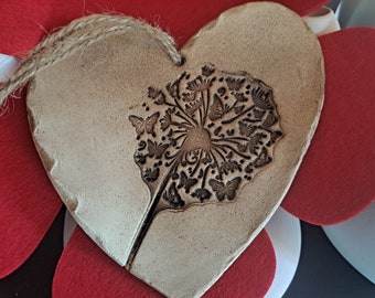 Large ceramic heart - dandelion butterfly