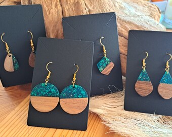 Wood earrings with resin in turquoise and gold