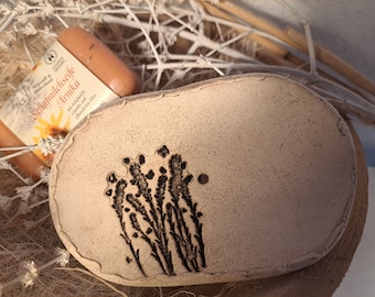 Handmade ceramic soap dish with meadow flower decor