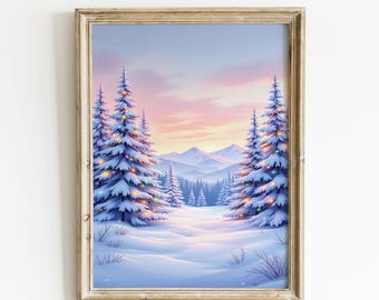 Pastel Christmas Tree Wall Art, Winter Snow Landscape, Holiday Lights Digital Download