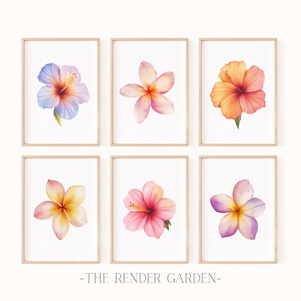 Tropical Flowers Watercolor Printable Art Set of 6, Hawaiian Plumeria Hibiscus, Minimalist Wall Art, Instant Download