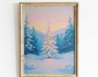 Pastel Holiday Tree Printable Wall Art, Winter Snow Landscape, Christmas Lights Digital Download