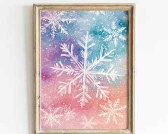 Pastel Snowflake Printable Wall Art, Winter Watercolor Holiday Decor, Instant Download