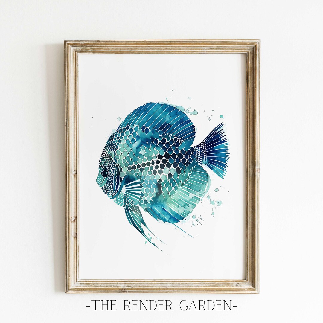Discus Print Blue Mosaic Discus Fish Print, Beach House Wall Art, Coastal Bathroom ...