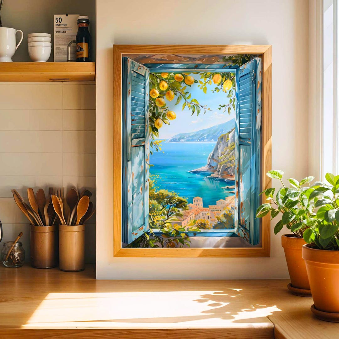 Mediterranean Coastal Open Window Art, Seaside Lemon Tree Ocean View ...