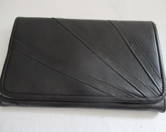 Black Leather Clutch Evening Bag Stitching vintage 60s