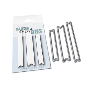 May include: A set of three metal die cuts in the shape of banners. The die cuts are silver in colour and have a slightly textured surface. The die cuts are packaged in a clear plastic bag with a white label that reads "Karten Kunst Dies" and "www.karten-kunst.de".