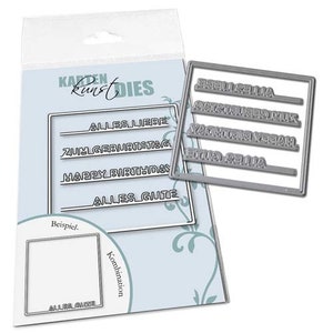 May include: A silver metal die-cutting template for a card with the words "Alles Liebe", "Zum Geburtstag", "Happy Birthday", and "Alles Gute" in a rectangular frame. The template is shown on a white background with a blue and white patterned border.