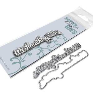 May include: A set of two metal die cuts for scrapbooking or card making. The larger die cut features the text "Weihnachtsgrüße" in a decorative font. The smaller die cut features the text "Frohe Weihnachten" in a decorative font.