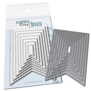 May include: A set of 10 metal die-cut banner shapes for crafting. The dies are nested within each other, creating a layered effect. The dies are silver in colour and have a textured surface. The dies are labelled "Karten Kunst Dies" on the packaging.