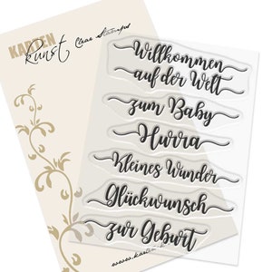 Sellos transparentes - Caligrafía para bebé KK-0237 - Sello de texto para scrapbooking, tarjetas, palabras y refranes, nacimiento en alemán