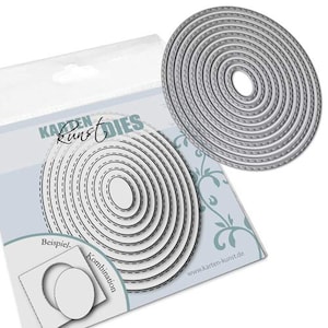 May include: A set of 10 metal oval-shaped dies for crafting. The dies are arranged in a circle with the largest die in the center and the smallest die on the outside. The dies are all the same shape but different sizes. The dies are silver in color and have a stitched edge.