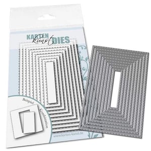 May include: A collection of rectangular metal dies for crafting, featuring a stitched border design. The packaging displays the text "Karten Kunst Dies" and a website address. These dies are suitable for paper crafting and card making projects.