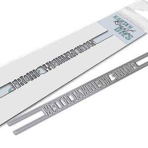May include: A metal die cut with the words "Frohe Weihnachten" and "Merry Christmas" in a modern font. The die cut is designed to be used for crafting and scrapbooking.