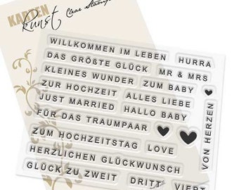May include: Clear stamps with German phrases for weddings, birthdays, and other celebrations. The phrases include "Willkommen im Leben", "Das größte Glück", "Kleines Wunder", "Zur Hochzeit", "Just Married", "Für das Traumpaar", "Zum Hochzeitstag", "Herzlichen Glückwunsch", "Glück zu Zweit", "Hurra", "Mr & Mrs", "Zum Baby", "Alles Liebe", "Hallo Baby", "Love", "Von Herzen", "Dritt", "Viert".