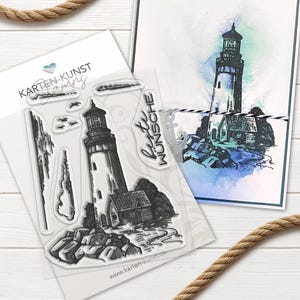 Tampons transparents Phare KK-0244 – Motif maritime avec inscription, mouettes et eau – Tampon en silicone pour cartes