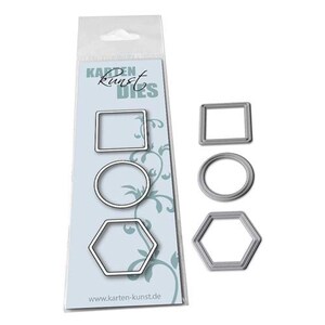 Könnte beinhalten: Ein Satz von fünf Metall-Stanzformen zum Basteln. Die Formen umfassen einen Kreis, ein Quadrat, ein Sechseck und zwei Rechtecke. Die Formen sind silberfarben und werden auf einer weißen Karte mit dem Text "Karten Kunst Dies" verpackt.