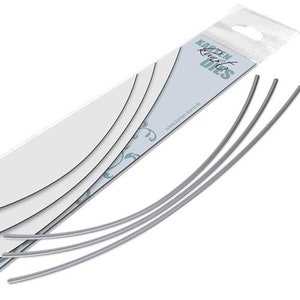 May include: Four silver metal die-cutting stencils in the shape of a curved line. The stencils are packaged on a white background with the text "Karen Kinst Dies" and a website address.