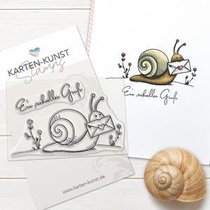 Sello "Caracol con letra" - Un saludo rápido - Sello transparente KK-0280 - Divertido sello alemán de Karten-Kunst