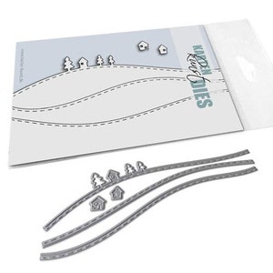 May include: Metal die set for crafting, featuring a winding road with houses and trees. The die set is designed to create a winter wonderland scene. The set includes three dies, each with a different design. The dies are made of metal and are designed to be used with a die-cutting machine.