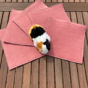 Op de afbeelding: Een set van vijf rechthoekige, stoffig roze placemats met een getextureerd oppervlak. Een pluche cavia-speelgoed in zwart, wit en bruin rust bovenop de placemats. De placemats zijn gerangschikt op een houten oppervlak.