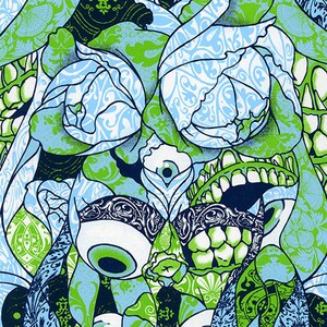 May include: A green, blue, and black abstract print with a floral pattern. The print features a large eye and teeth. The text "Mother is monster" is at the bottom of the print.