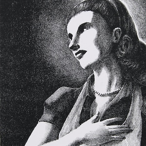 May include: Black and white print of a woman wearing a simple dress and a necklace. The woman is looking up and her hand is on her chest. The print is titled "Incredulism" and signed "Paul Anderson".