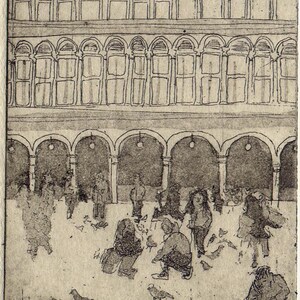 May include: A black and white etching print on paper depicting a Venetian square with arched colonnades and multiple figures interacting with birds. The bottom margin features handwritten text reading T.S. 11, Venedig, and the edition number 5/14.