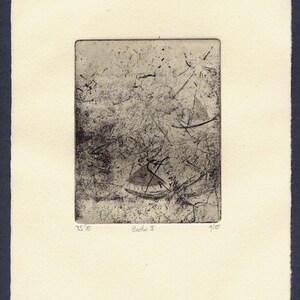 May include: A black and white abstract print with a textured surface. The print is numbered 4/15 and titled "Bache II".