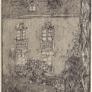 May include: A black and white etching print depicting a building facade with two ornate windows, balconies, and a roof dormer. A bench sits in front of the structure, surrounded by foliage. The text "T.S. 15", "Sillamäe", and "2/15" is visible.