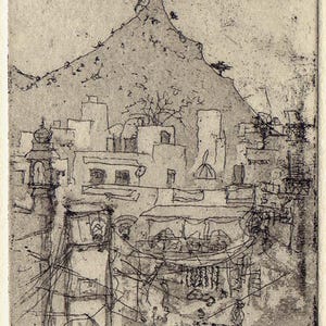 May include: A black and white etching on paper depicting a town scene with buildings and a large mountain in the background. The artwork features intricate line work, includes the text "TS!15", "Puschkar", and "2/15" at the bottom edge.