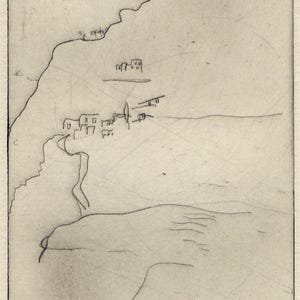 May include: A black and white line drawing on paper depicting a coastal landscape with a cliffside, small structures, and a hand-like shape in the foreground. The print is signed TS'23, titled Dana, and numbered 2/23 at the bottom edge.