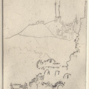 May include: A black and white line drawing on paper depicting a landscape with a hill, architectural structures, and a vertical cliff edge. The artwork is signed TS '23, titled Kerak, and numbered 2/13 at the bottom in handwritten graphite pencil.