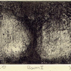 Peut inclure: Une gravure rectangulaire en noir et blanc sur papier représentant la silhouette sombre et texturée d'un arbre sur un fond clair et tacheté. La marge inférieure porte le texte manuscrit TS '17, le titre Baum II et le numéro 1/17.