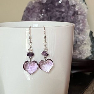 Amethyst Heart dangle earrings. February birthstone. Valentines Day Heart.