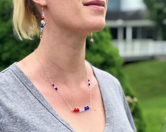 Patriotic Swarovski Crystal Necklace. Red White & Blue, July 4th Necklace, Memorial Day. USA. Gift for her.