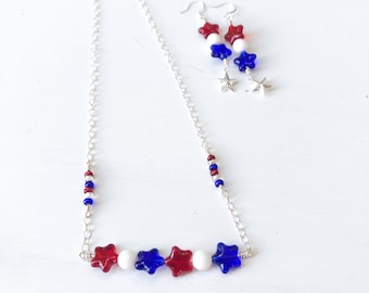 Patriotic Necklace,  Czech glass beads, Red White & Blue, July 4th Necklace, Memorial Day. USA. Gift for her.