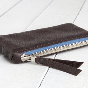 Leder Geldbeutel mini "Dunkelbraun-Blau-Hellgrau"