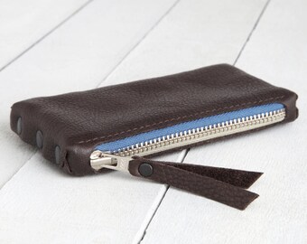 Leather Wallet mini "Dark Brown-Blue-Light Grey"