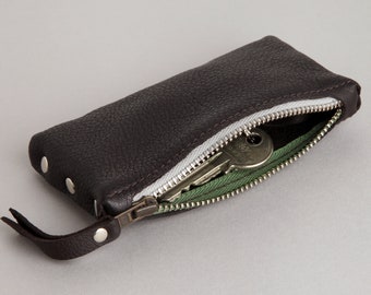 Leather Key Bag "Dark Brown - Green White Grey"