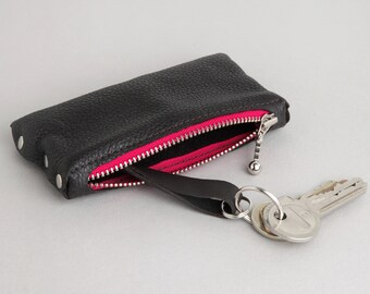 Leather Key Bag "Dark Brown - Pink"