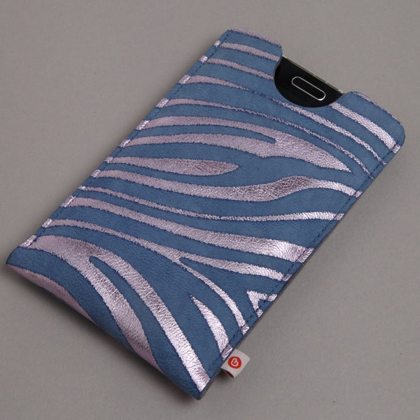 Leder Smartphonetasche "matt Blau - metallic-Lila Schlieren"