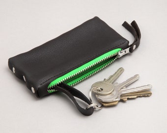 Leather Key Bag "Dark Brown - Neon Green"