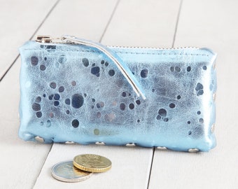 Leather wallet mini "Light blue metallic"